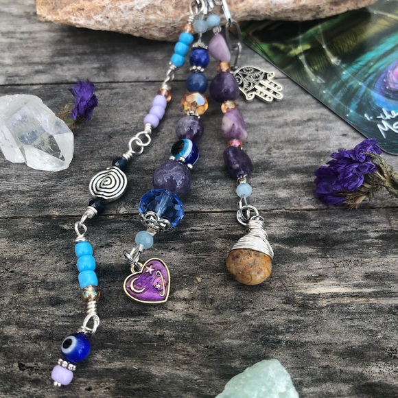 Evil Eye Lepidolite Mixed Crystal Gemstone Beaded Purse Charm / Car Mirror Charm - Picture 5 of 15